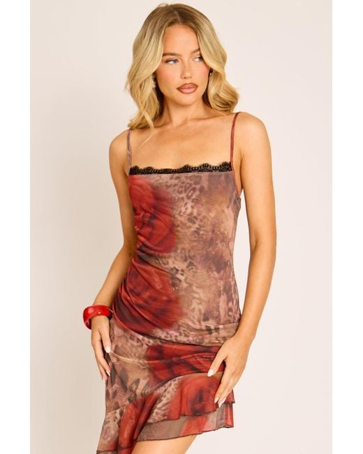 Rebellious Fashion Red Print Lace Trim Asymmetric Mesh Mini Dress