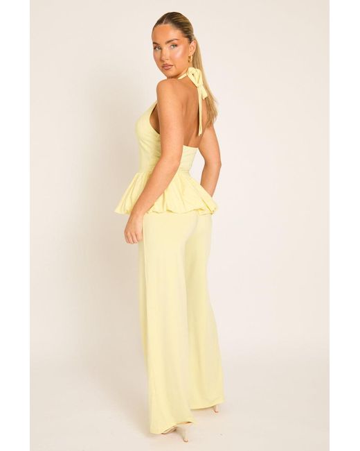 Rebellious Fashion Natural Halterneck Peplum Top And Wide Leg Trouser Co-Ord Set