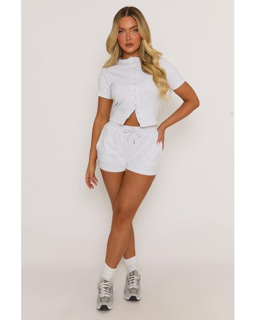 Rebellious Fashion White Marl Rib Button Front Top And Short Loungewear Co-Ord Set