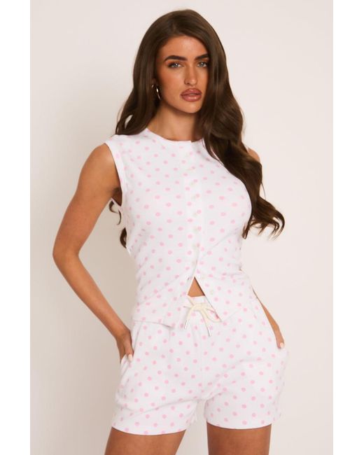 Rebellious Fashion Pink Polka Dot Sleeveless Button Front Rib Top And Short Loungewear Co-Ord Set