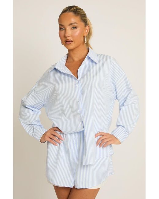 Rebellious Fashion Blue Stripe Button Up Shirt And Shorts Co-Ord Set