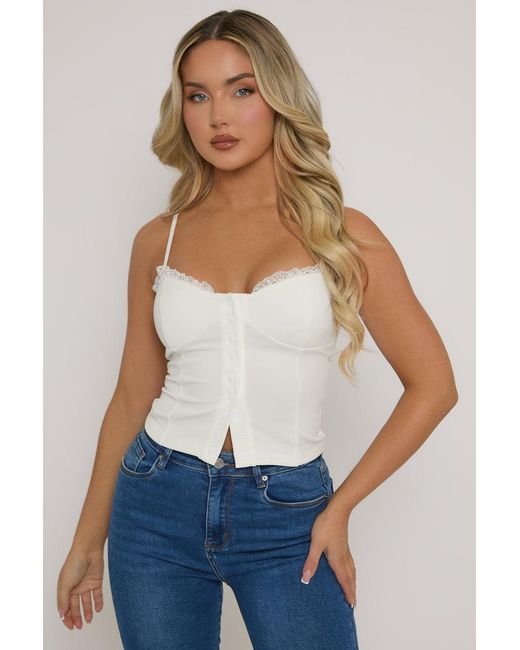 Rebellious Fashion Blue Lace Trim Button Down Corset Top