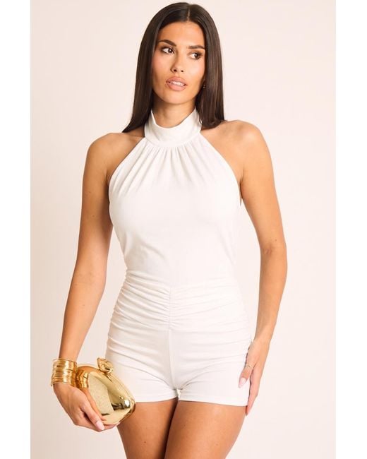 Rebellious Fashion White Tie Detail Ruched Halter Playsuit