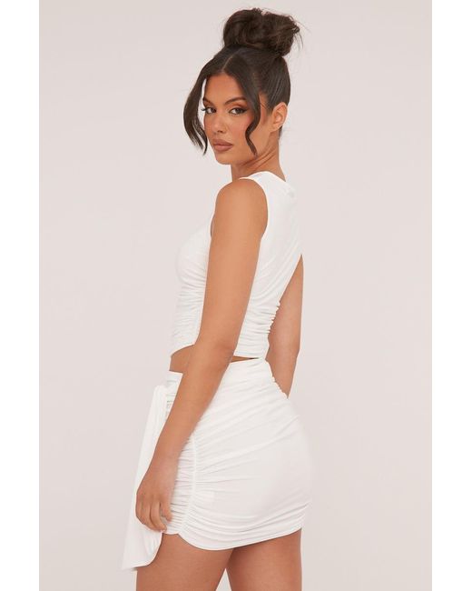 Rebellious Fashion White Ruched Sleeveless Cropped Top & Mini Skirt Co-Ord Set