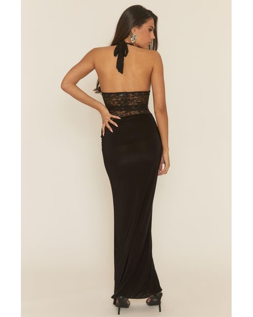 Rebellious Fashion Purple Lace Plunge Halterneck Maxi Dress