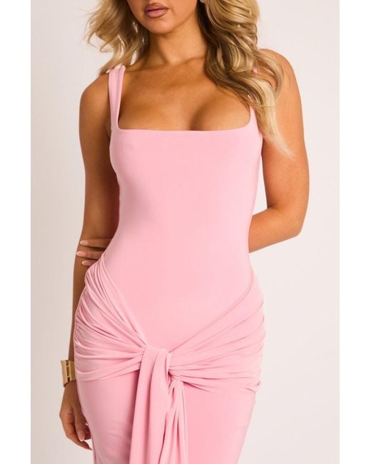 Rebellious Fashion Pink Square Neck Tie Front Maxi Dress
