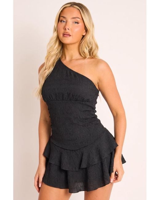 Rebellious Fashion Black One Shoulder Textured Flippy Playsuit