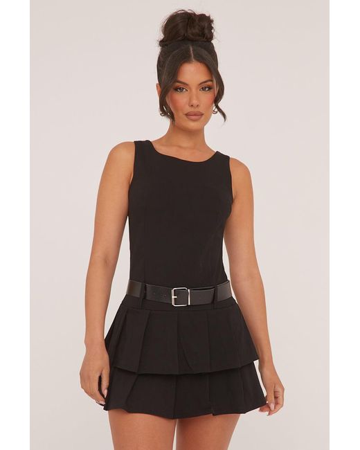 Rebellious Fashion Black Pleated Belt Detail Mini Dress