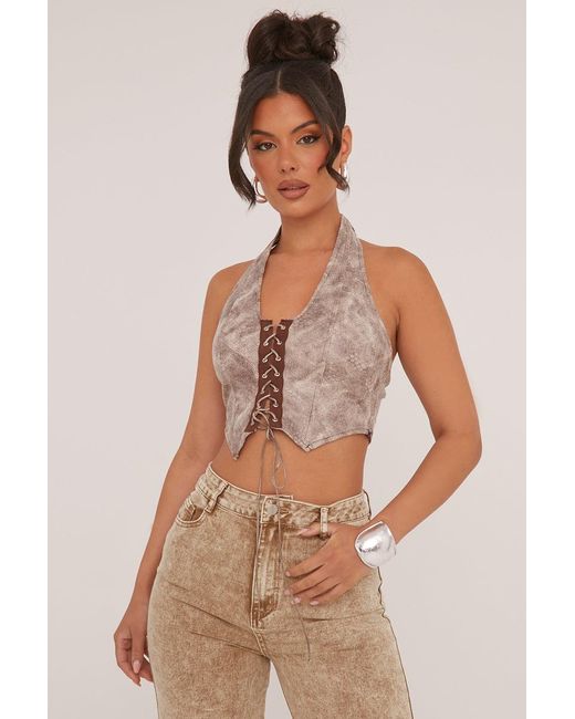Rebellious Fashion Natural Abstract Print Lace Up Halter Neck Cropped Top