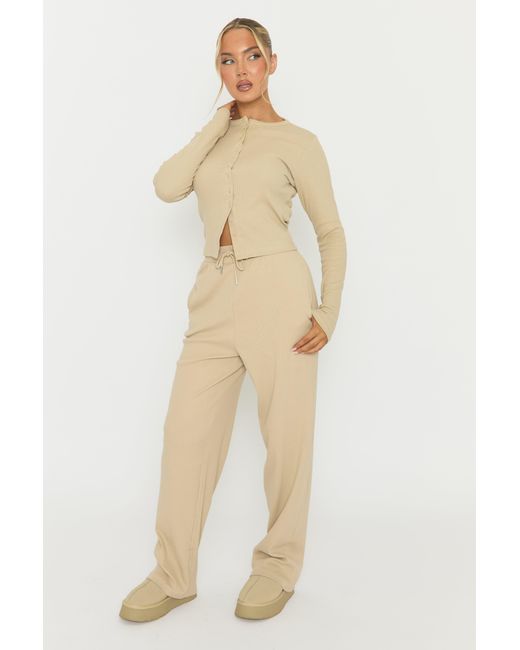 Rebellious Fashion Natural Button Front Long Sleeve Top And Trouser Loungewear Co-Ord Set