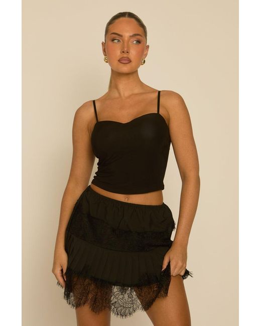 Rebellious Fashion Black Pleated Lace Hem Mini Skirt