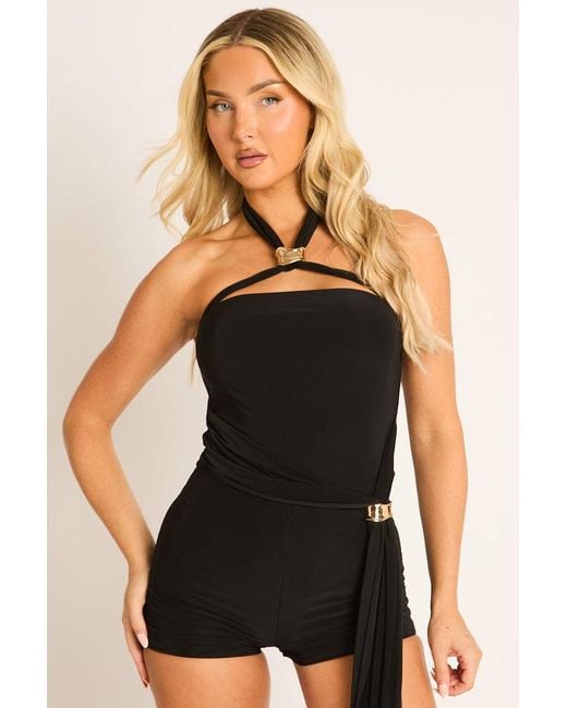 Rebellious Fashion Black Trim Drape Detail Halterneck Playsuit