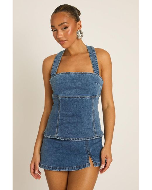 Rebellious Fashion Blue Mid Denim Seam Detail Top