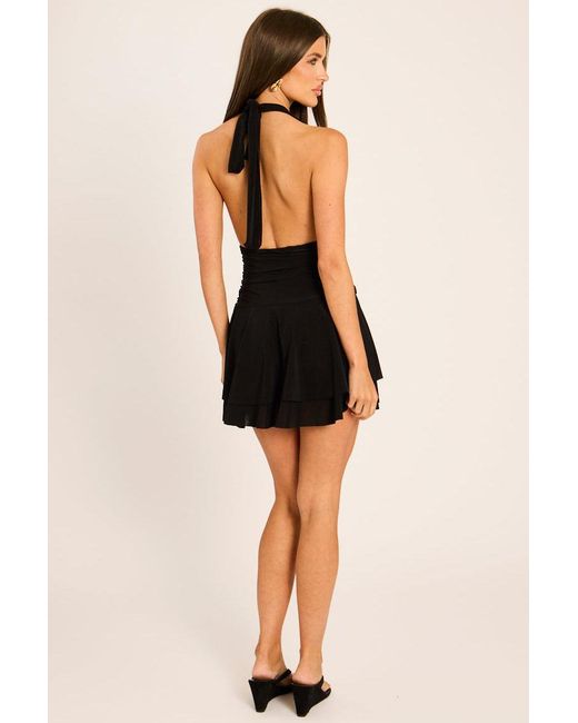 Rebellious Fashion Black Ruched Tiered Frill Halterneck Mini Dress