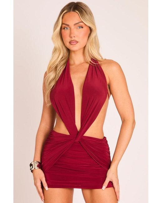 Rebellious Fashion Red Plunge Halterneck Draped Mini Dress