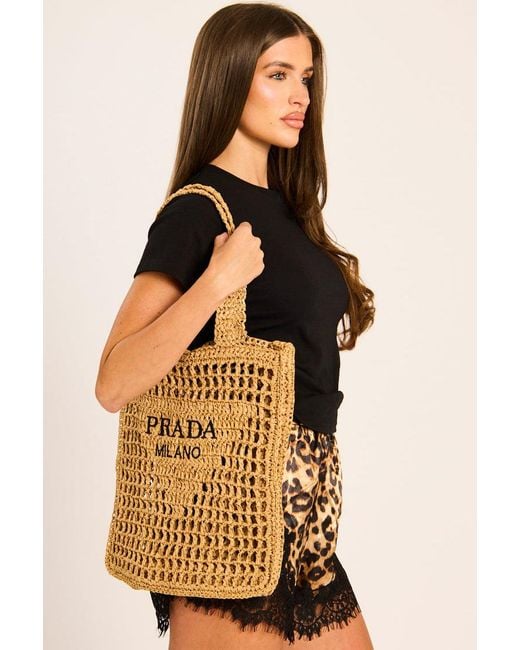 Rebellious Fashion Natural Logo Detail Raffia Tote Bag
