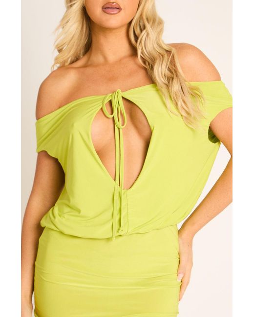 Rebellious Fashion Yellow Off Shoulder Keyhole Tie Front Mini Dress