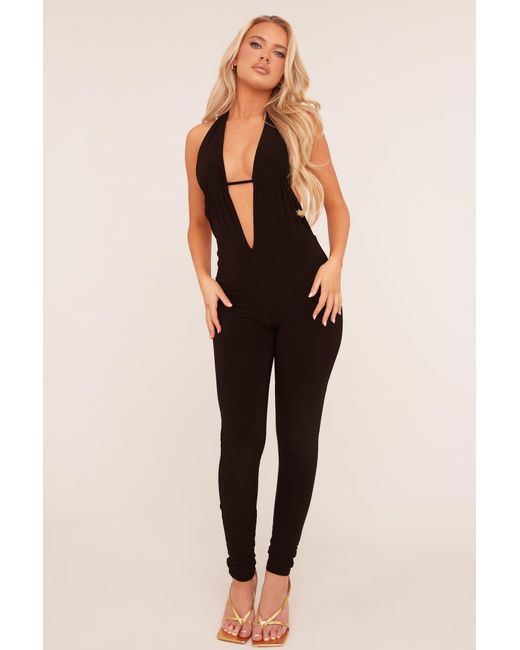 Rebellious Fashion Black Plunge Halter Neck Jumpsuit
