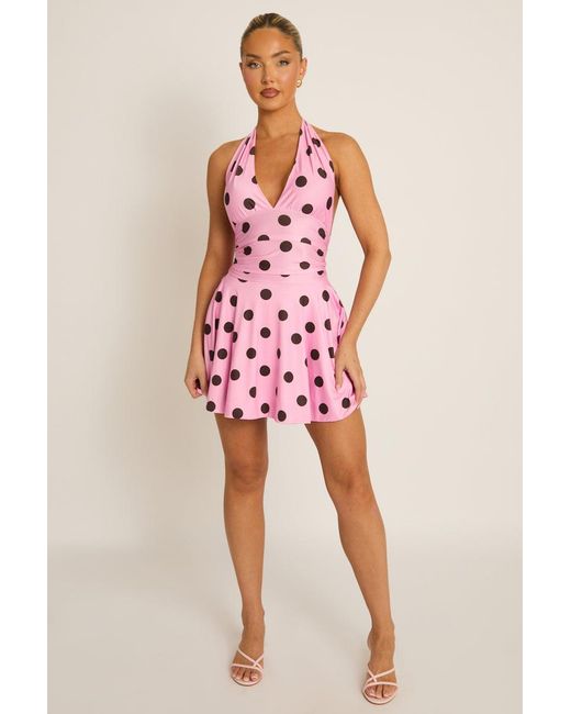 Rebellious Fashion Pink Halter Plunge Neck Mini Dress