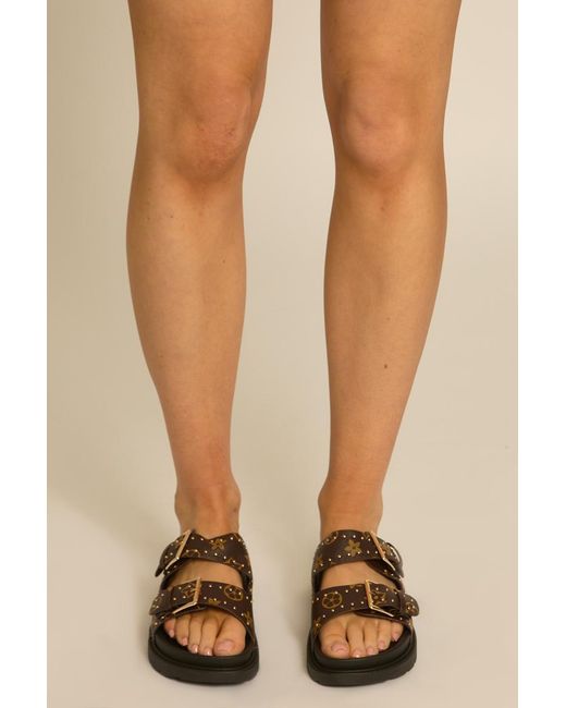 Rebellious Fashion Natural Faux Leather Logo Detail Studded Sandals