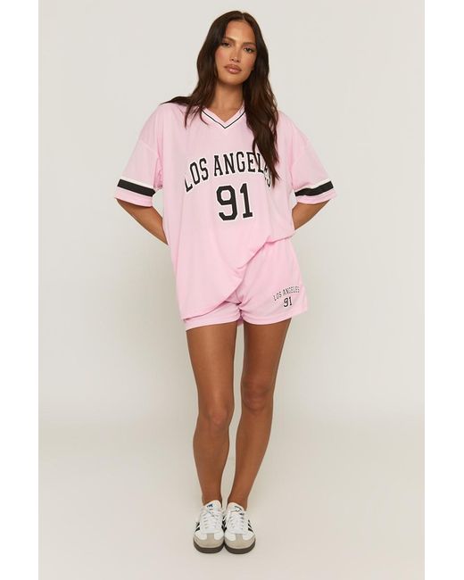 Rebellious Fashion Pink Oversized Varsity Football T-Shirt And Shorts Set