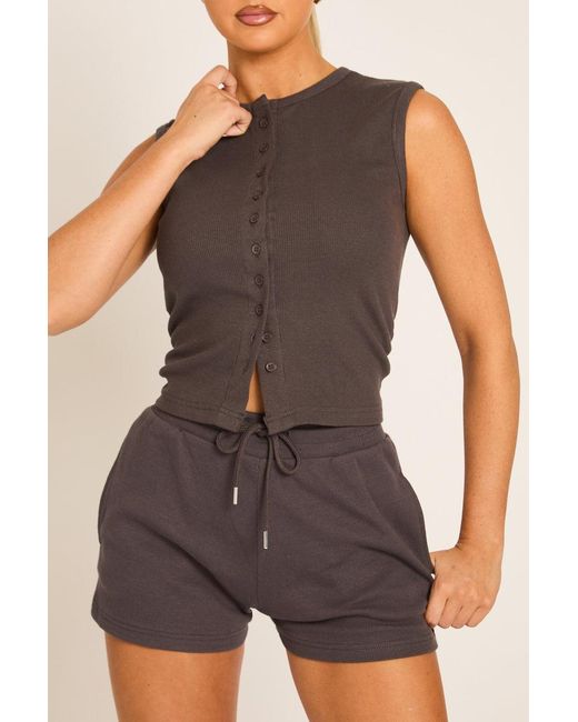 Rebellious Fashion Natural Sleeveless Button Front Rib Top And Short Loungewear Co-Ord Set