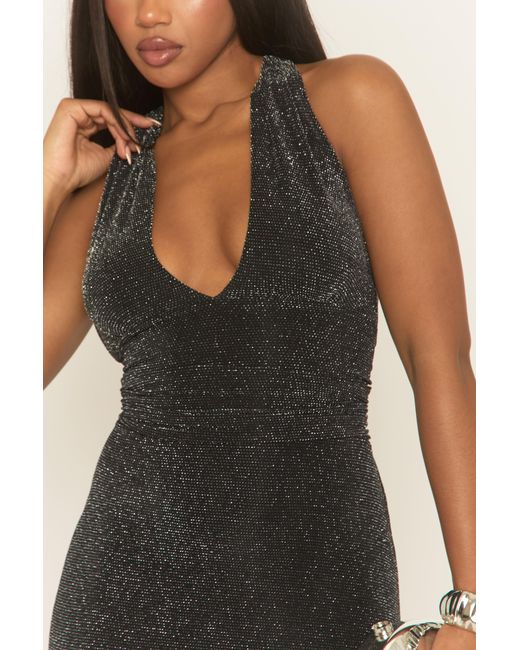Rebellious Fashion Black Glitter Halterneck Tie Back Maxi Dress