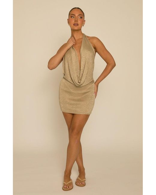 Rebellious Fashion Brown Glitter Crochet Cowl Mini Dress