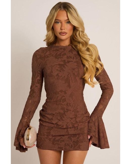 Rebellious Fashion Brown Burnout Floral Flare Sleeve Mini Dress