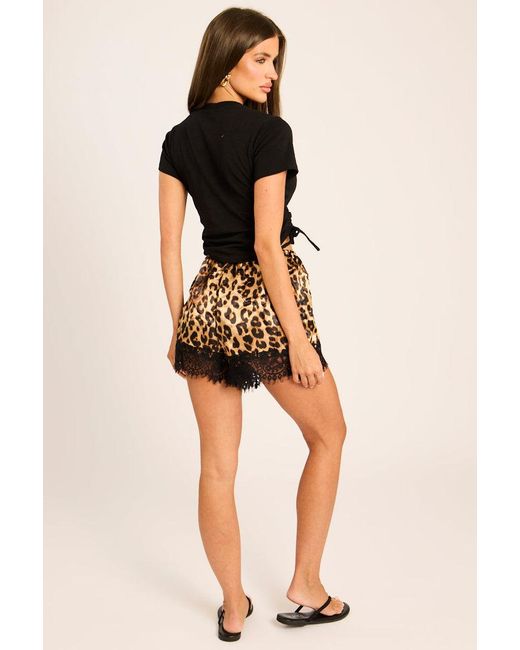 Rebellious Fashion Black Print Satin Lace Trim Shorts