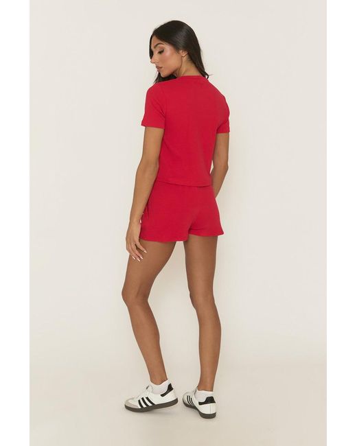 Rebellious Fashion Red Rib Button Front Top And Short Loungewear Co-Ord Set