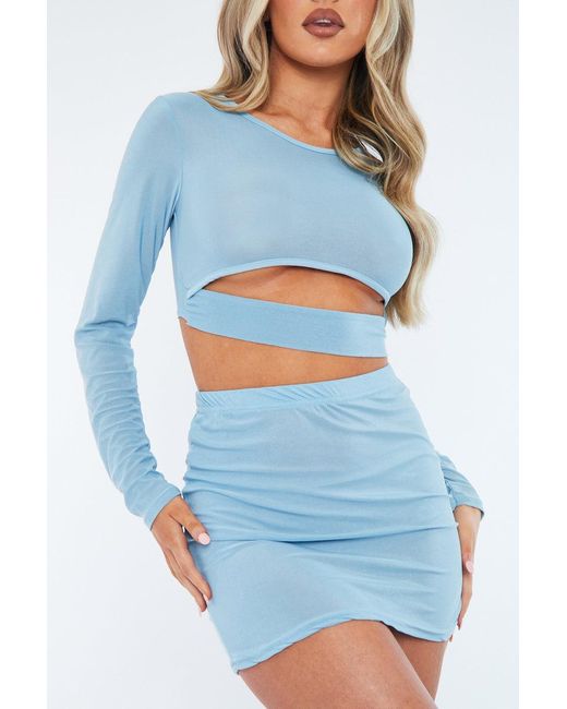 Rebellious Fashion Blue Front Cut Out Crop Top & Mini Skirt Set