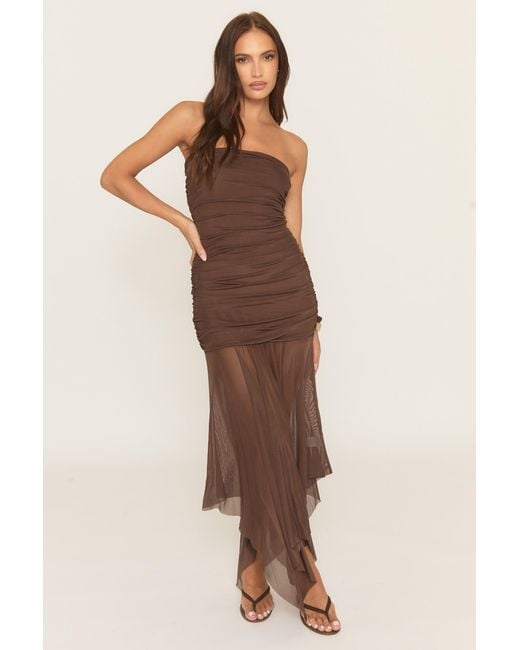 Rebellious Fashion Brown Bandeau Asymmetric Waterfall Hem Mesh Maxi Dress