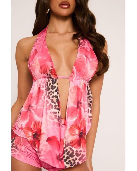 Rebellious Fashion Pink Leopard Plunge Cowl Top & Micro Short Co-Ord Set