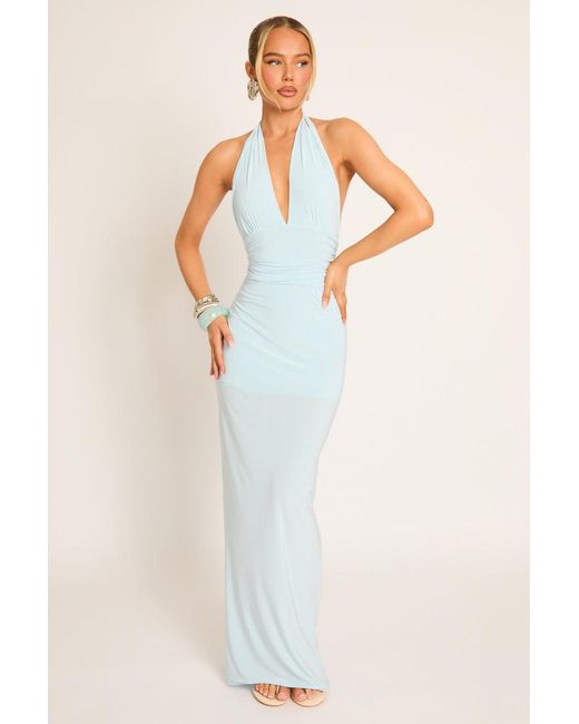 Rebellious Fashion Blue Halterneck Tie Back Maxi Dress