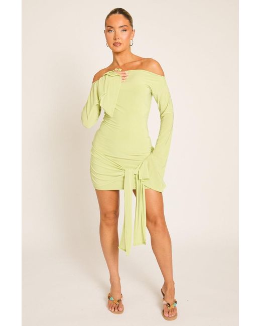 Rebellious Fashion Yellow Long Flared Sleeves Drape Detail Bodycon Mini Dress