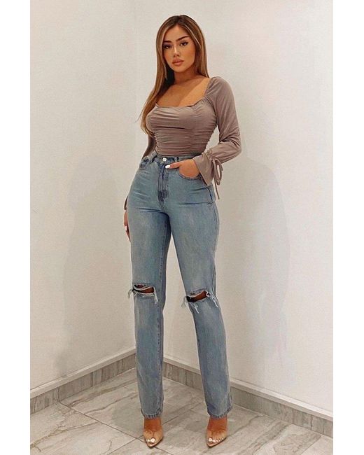 Rebellious Fashion Blue Mid Wash Denim Distressed Knee Extra Long Jeans