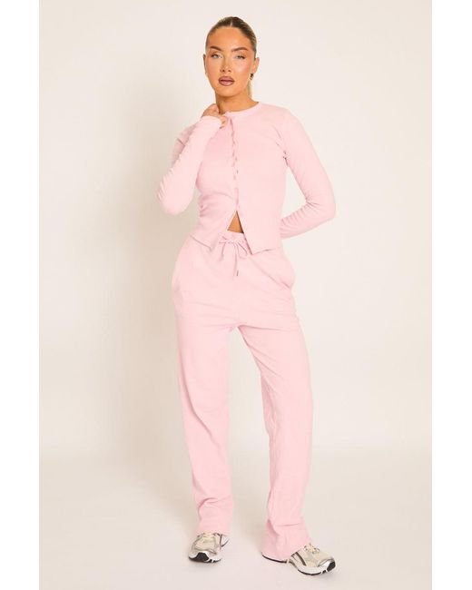 Rebellious Fashion Pink Button Front Long Sleeve Top And Trouser Loungewear Co-Ord Set