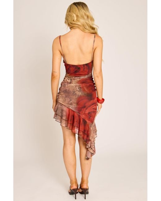 Rebellious Fashion Red Print Lace Trim Asymmetric Mesh Mini Dress