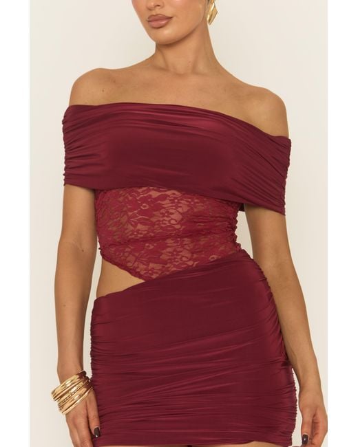 Rebellious Fashion Red Lace Bardot Top And Mini Skirt Co-Ord Set
