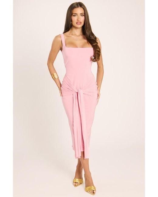 Rebellious Fashion Pink Square Neck Tie Front Midi Dress