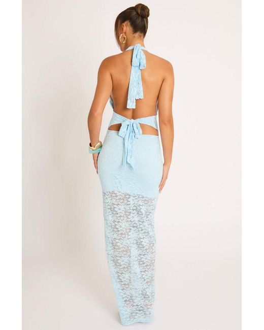 Rebellious Fashion Blue Lace Halter Neck Plunge Tie Back Maxi Dress