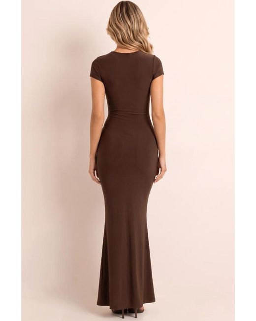Rebellious Fashion Natural Plunge Drape Short Sleeve Maxi Dress
