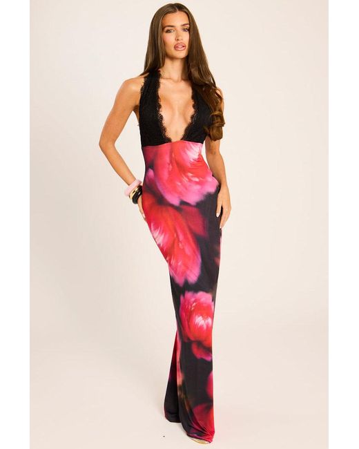 Rebellious Fashion Red Lace Cup Floral Maxi Dress
