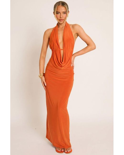 Rebellious Fashion Orange Cowl Plunge Halter Top And Maxi Skirt Co-Ord Set