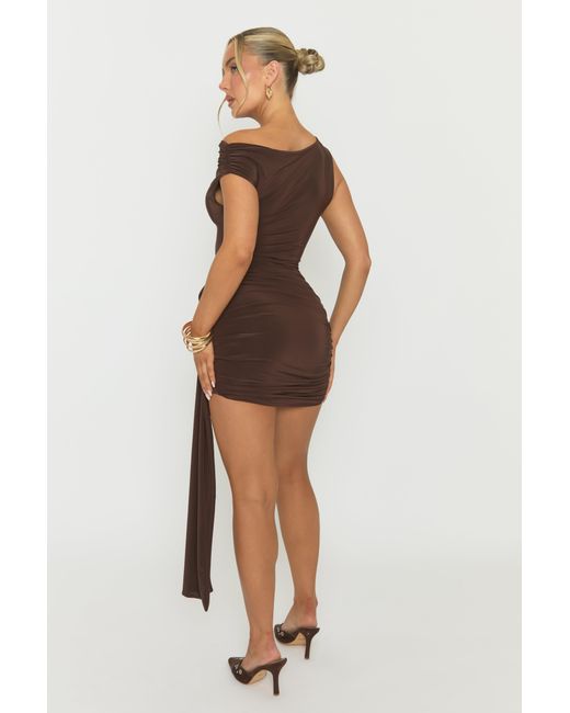 Rebellious Fashion Brown Slinky Off Shoulder Drape Mini Dress