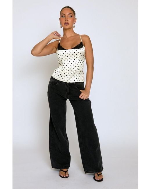 Rebellious Fashion Natural Satin Polka Dot Lace Trim Cami Top