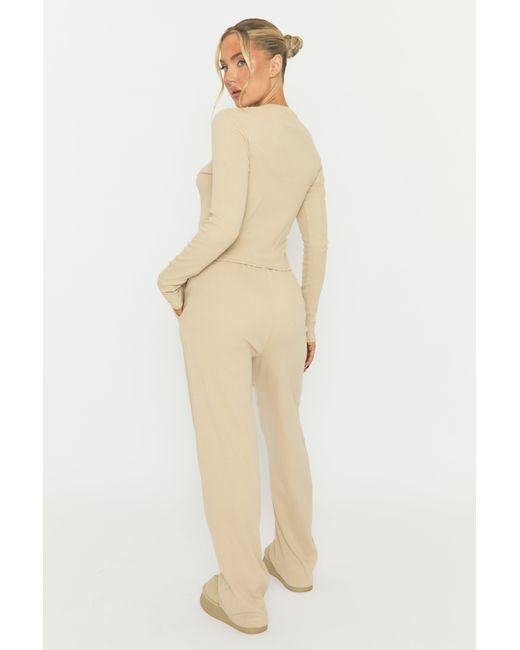 Rebellious Fashion Natural Button Front Long Sleeve Top And Trouser Loungewear Co-Ord Set