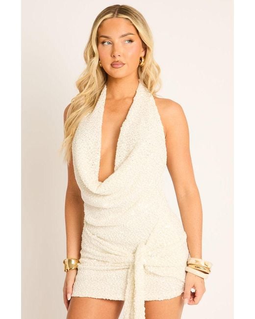 Rebellious Fashion Natural Sequin Cowl Neck Tie Detail Mini Dress
