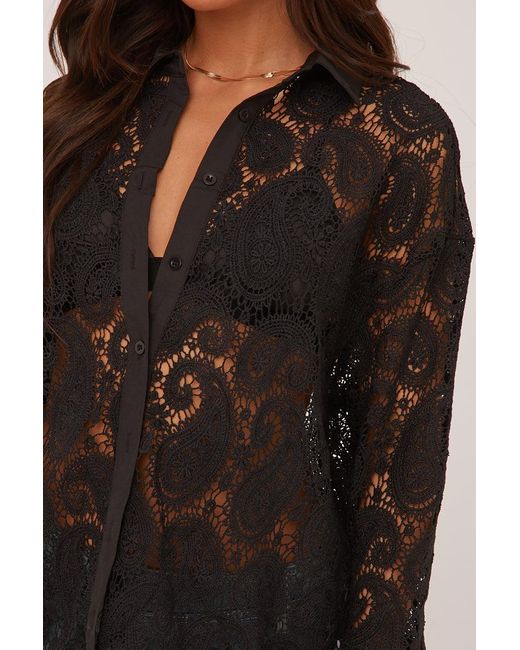 Rebellious Fashion Black Lace Button Up Frill Sleeve Shirt